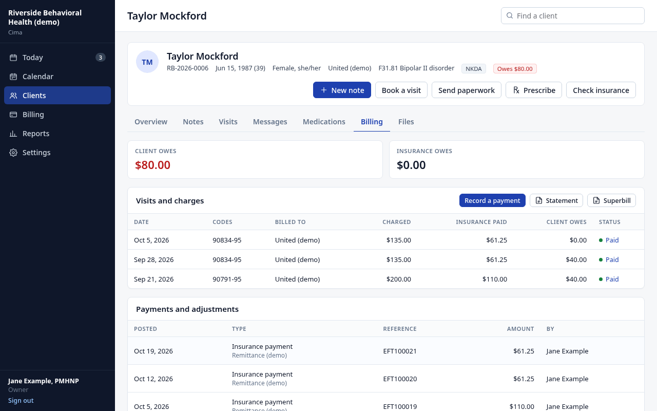 A made-up client's billing tab in Cima EHR: visits with codes and modifier 95, payments, and the Statement and Superbill buttons