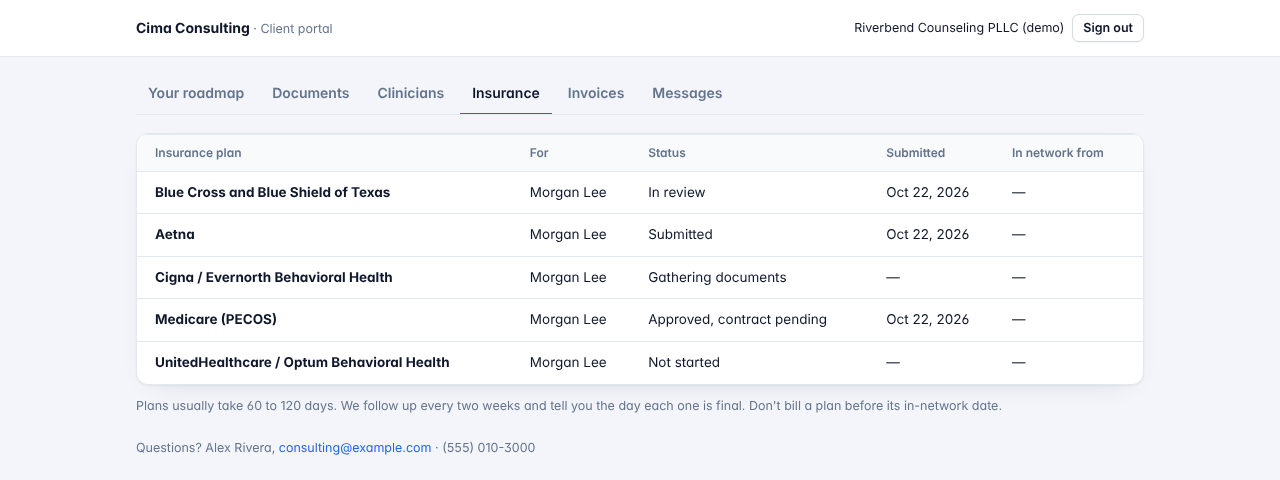 The client portal's insurance tab for a made-up practice: each plan, who it's for, its status and the date it was submitted