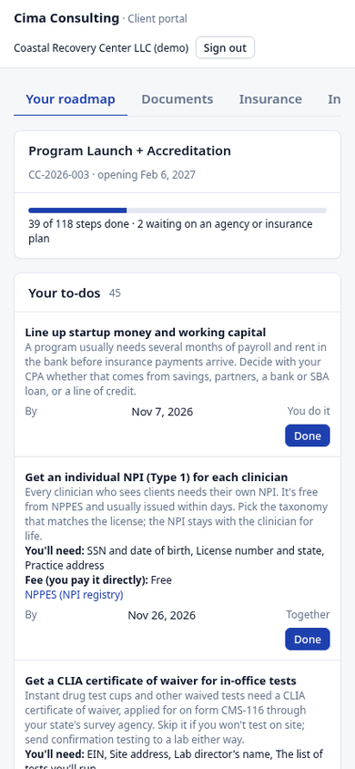 The client portal roadmap on a phone, for a made-up program: steps done, to-dos with dates, what you'll need and each fee