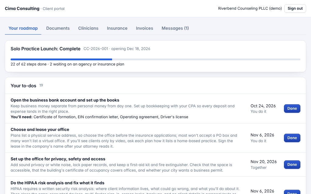 The client portal's roadmap: the opening date, steps done, and the client's to-dos with dates