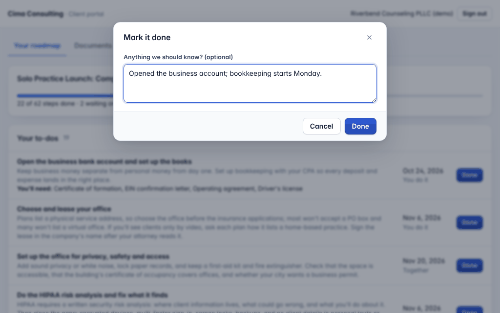 Marking a to-do done in the portal, with a short note