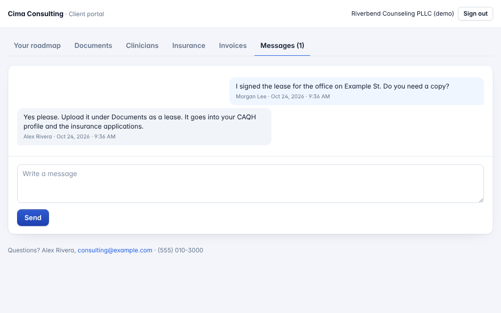 Portal messages between the made-up client and their consultant about the office lease