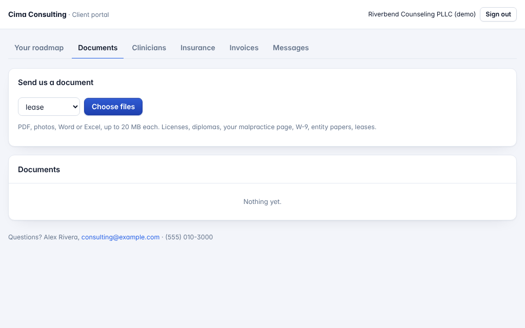 The portal's Documents tab: pick the kind of document and choose files