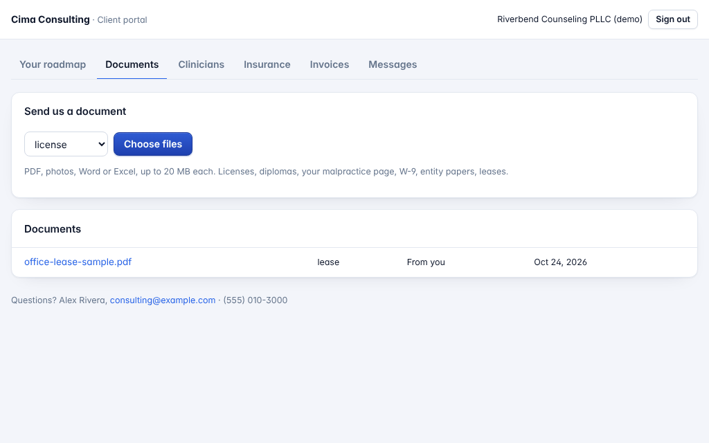 The portal's Documents tab listing the uploaded sample lease