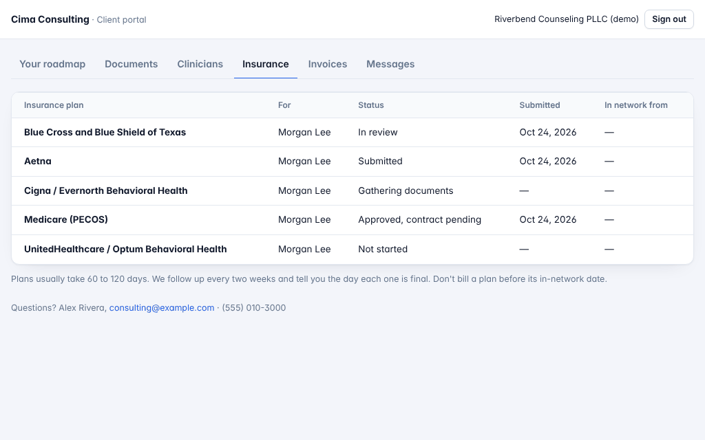 The portal's Insurance tab: each plan's application status for the made-up clinician