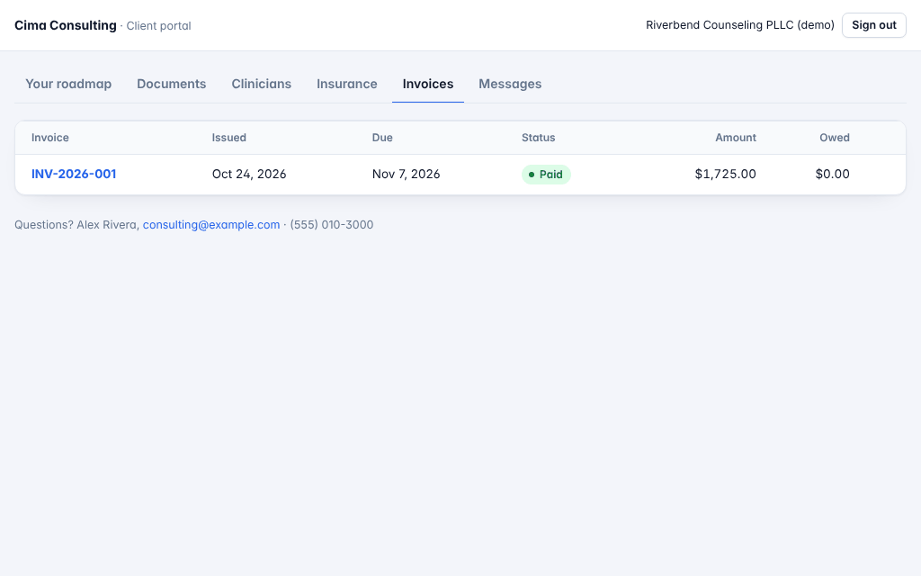 The portal's Invoices tab with a paid invoice